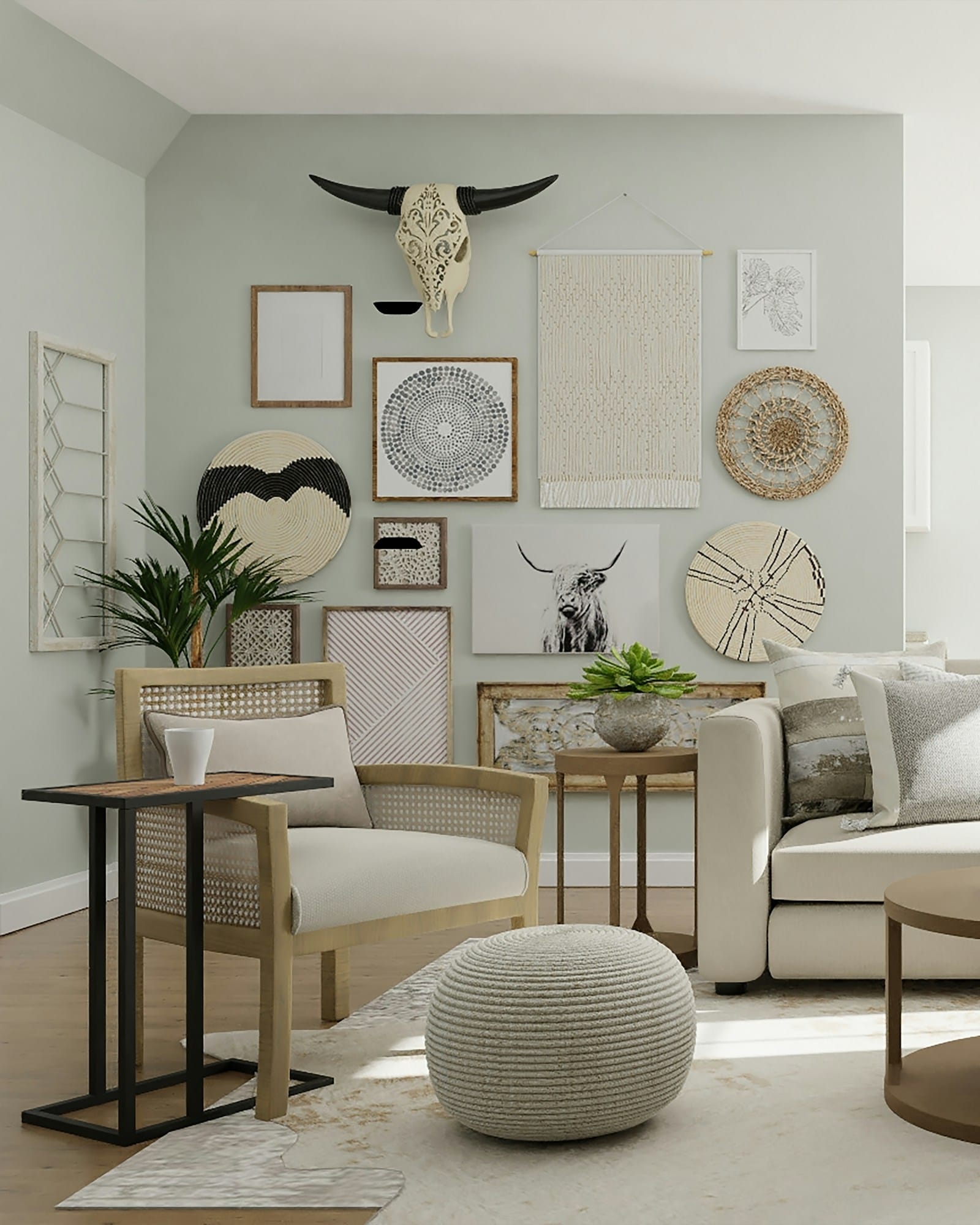 A bright neutral living room with a deep beige sectional and round timber coffee tables